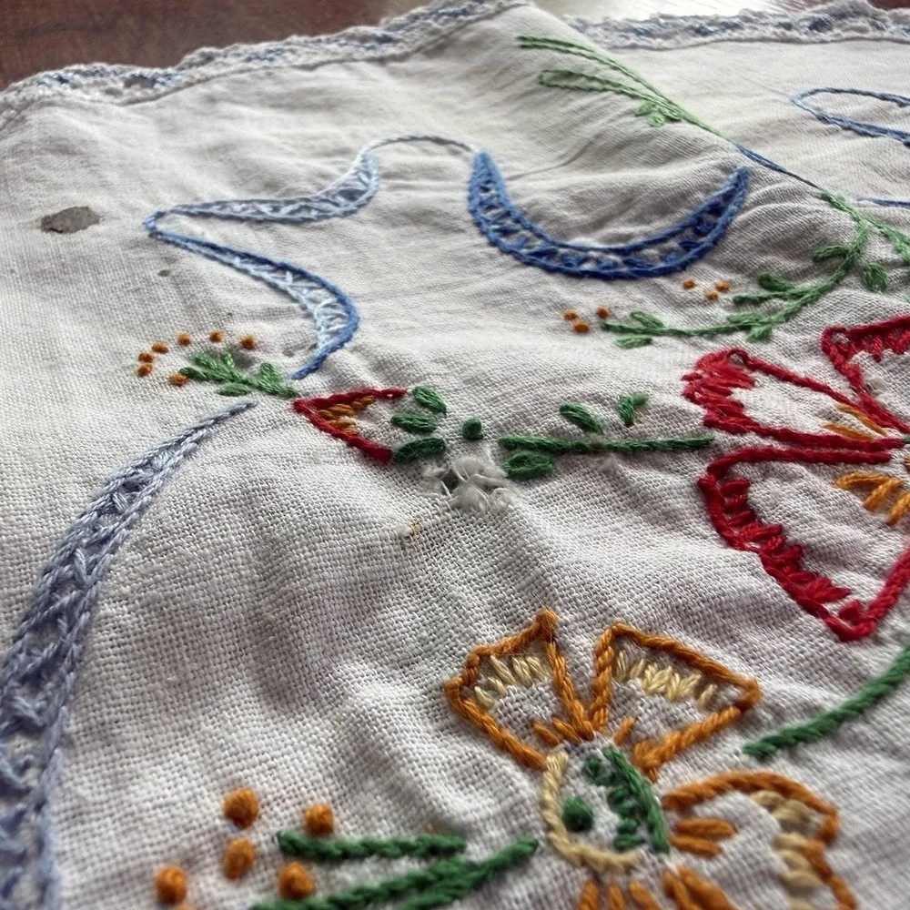 Vtg Hand-Embroidered Floral Linen Table Runner With Lace Tatted Edging 36